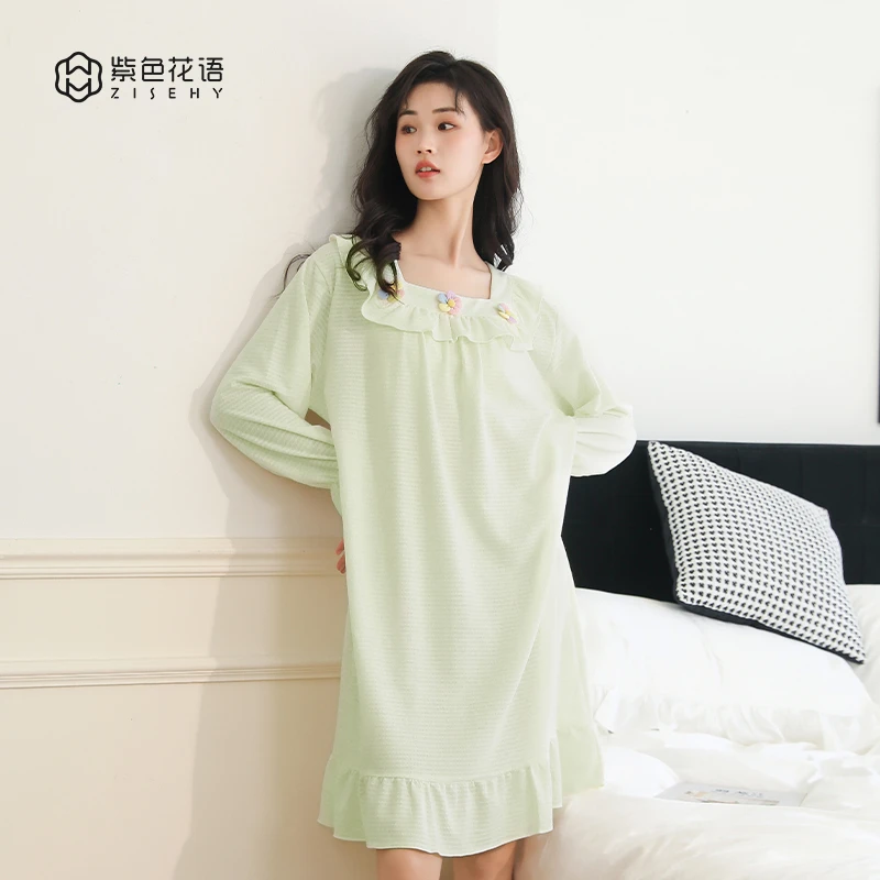 紫色花语睡衣女春秋款棉质长袖大码薄款睡裙甜家居服套装S4AD0334