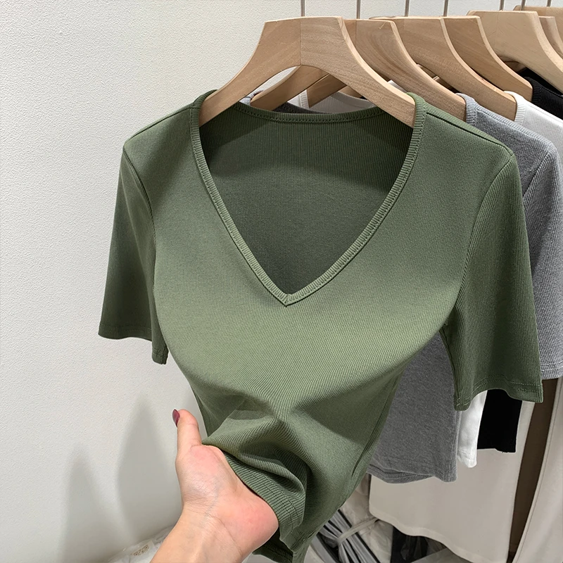 【部分现】2025春夏新款纯色V领修身显瘦小短袖螺纹T恤上衣女250186