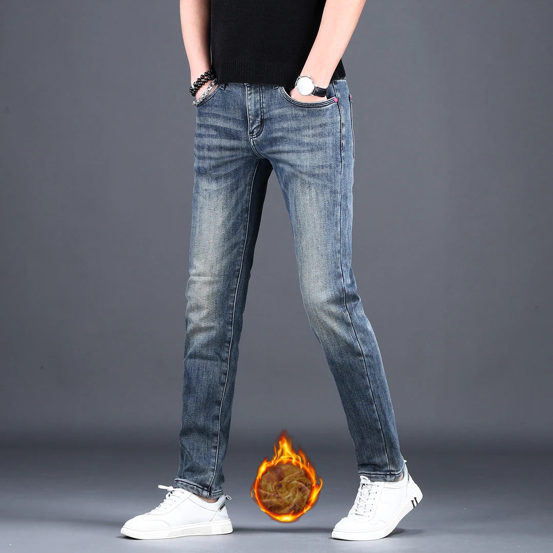 男士加厚加绒裤子蓝色冬季高端牛仔裤男款弹力修身小脚潮牌休闲裤