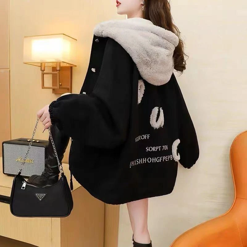 范哲萨加绒加厚连帽牛仔外套女2025年冬冬季新款外穿百搭宽松慵懒