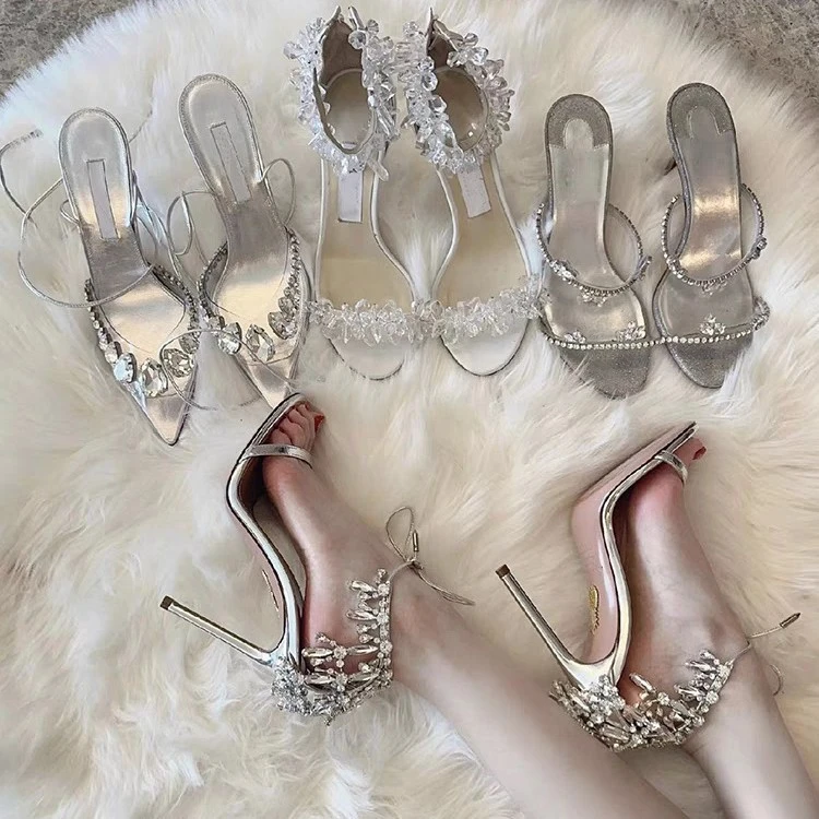 小众法式水钻高跟鞋女细跟银色仙女风性感露趾一字带扣水晶凉鞋夏