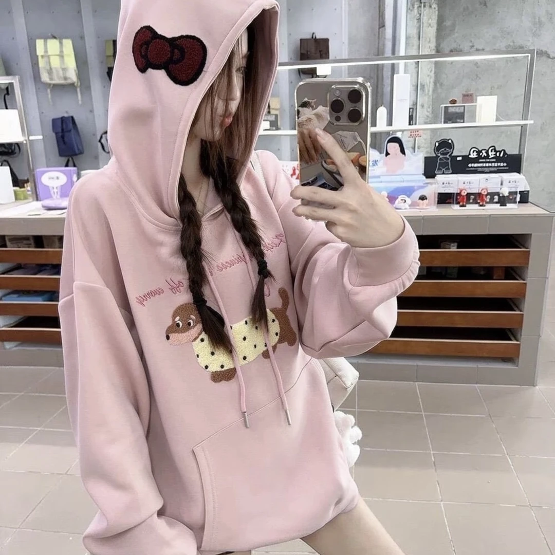 秋冬穿搭新款小狗刺绣加绒加厚连帽卫衣外套女士宽松休闲显瘦上衣