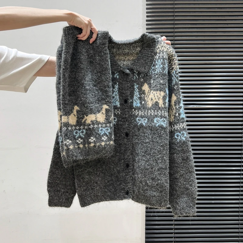 初冬穿搭一整套费尔岛提花针织毛衣外套女2025慵懒风高腰包臀短裙