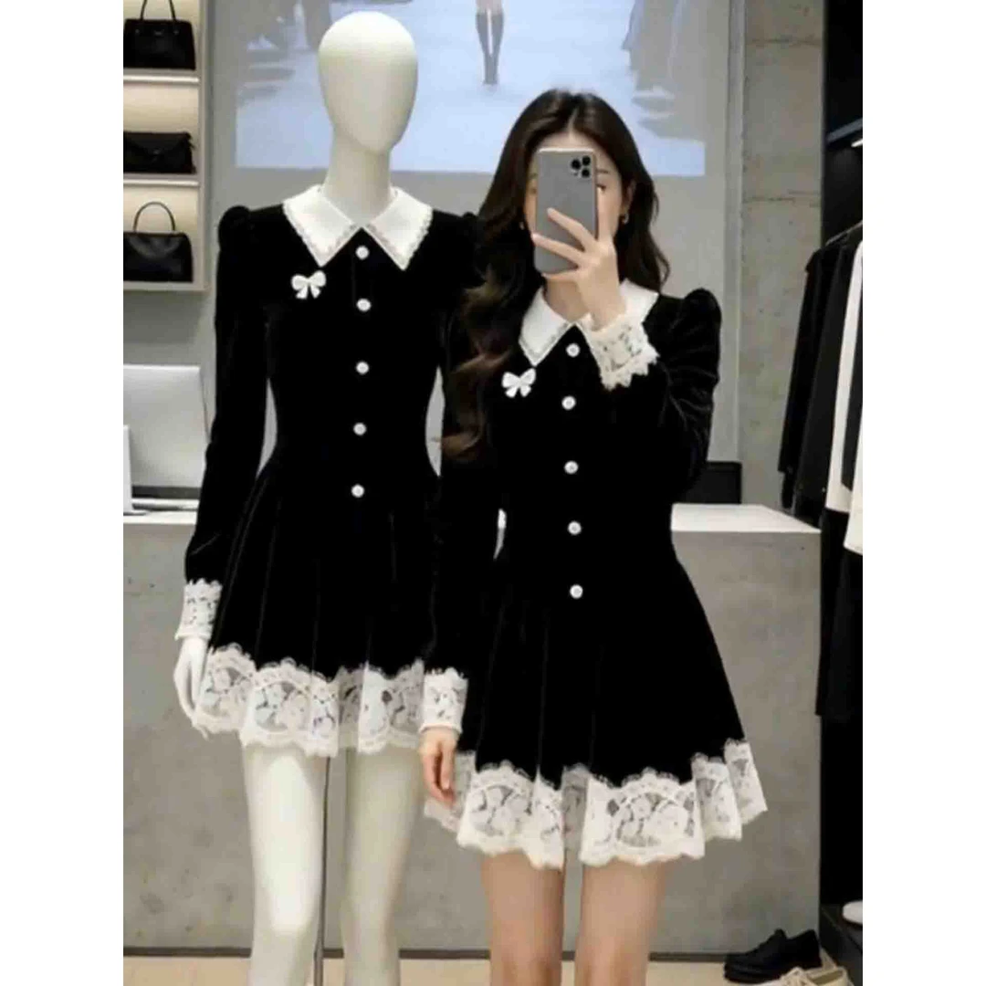 富家千金气质丝绒黑色连衣裙女装2026春季新款时尚气质收腰连衣裙