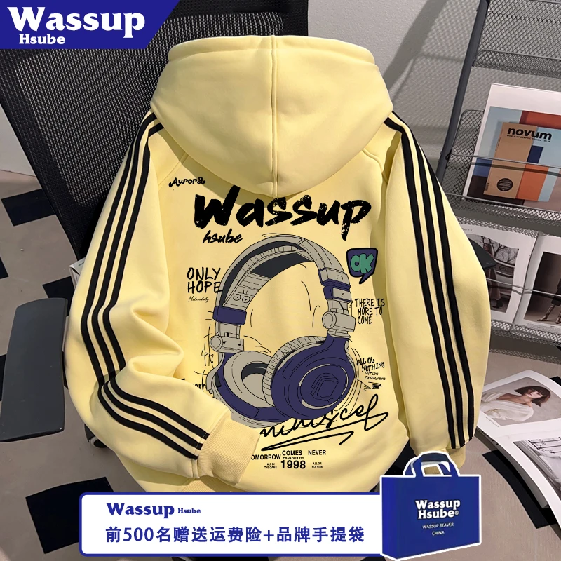 WASSUP HSUBE耳机英文印花连帽上衣秋冬男女款美式街头三条杠卫衣