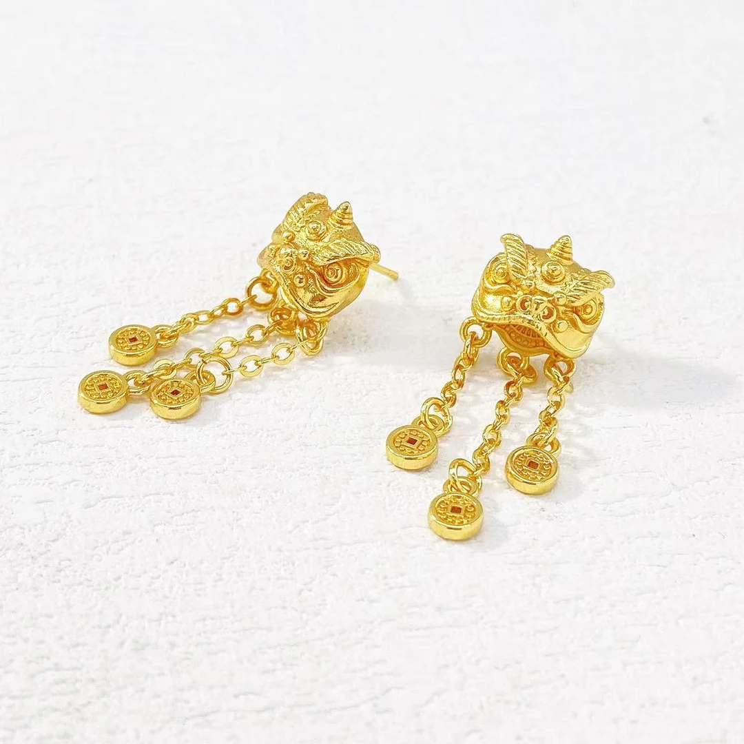 铜合金耳饰 木木（RZ8383）预售 古法醒狮铜钱流苏耳钉耳环