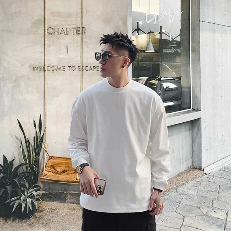 高端100%纯棉T恤男女白色T恤男女圆领简约上衣长袖打底衫长袖T恤