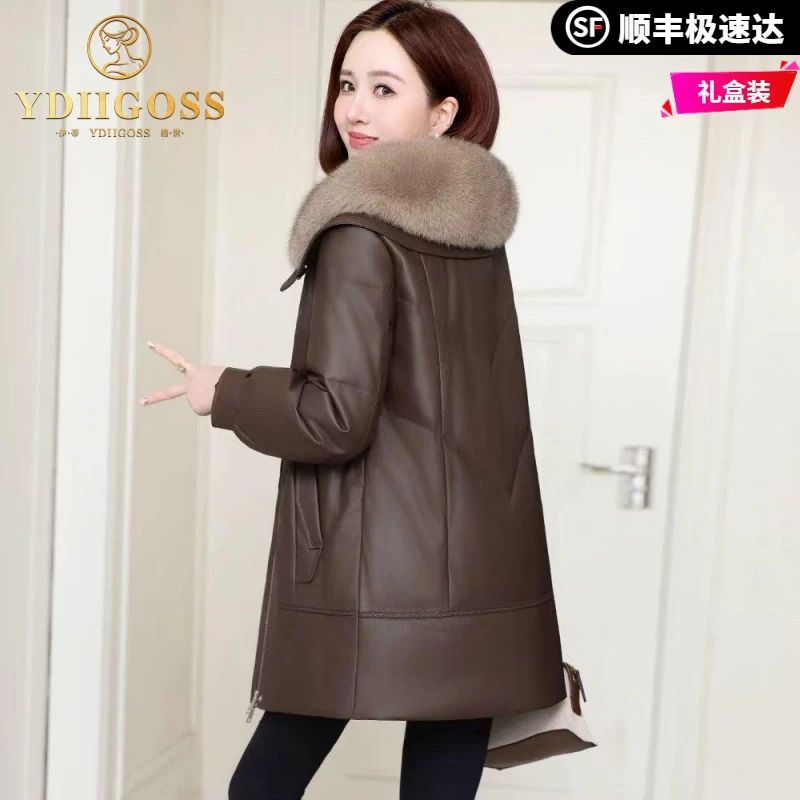 伊蒂格世狐狸毛领真皮羽绒服女冬季绵羊皮中长款高端皮衣外套宽松