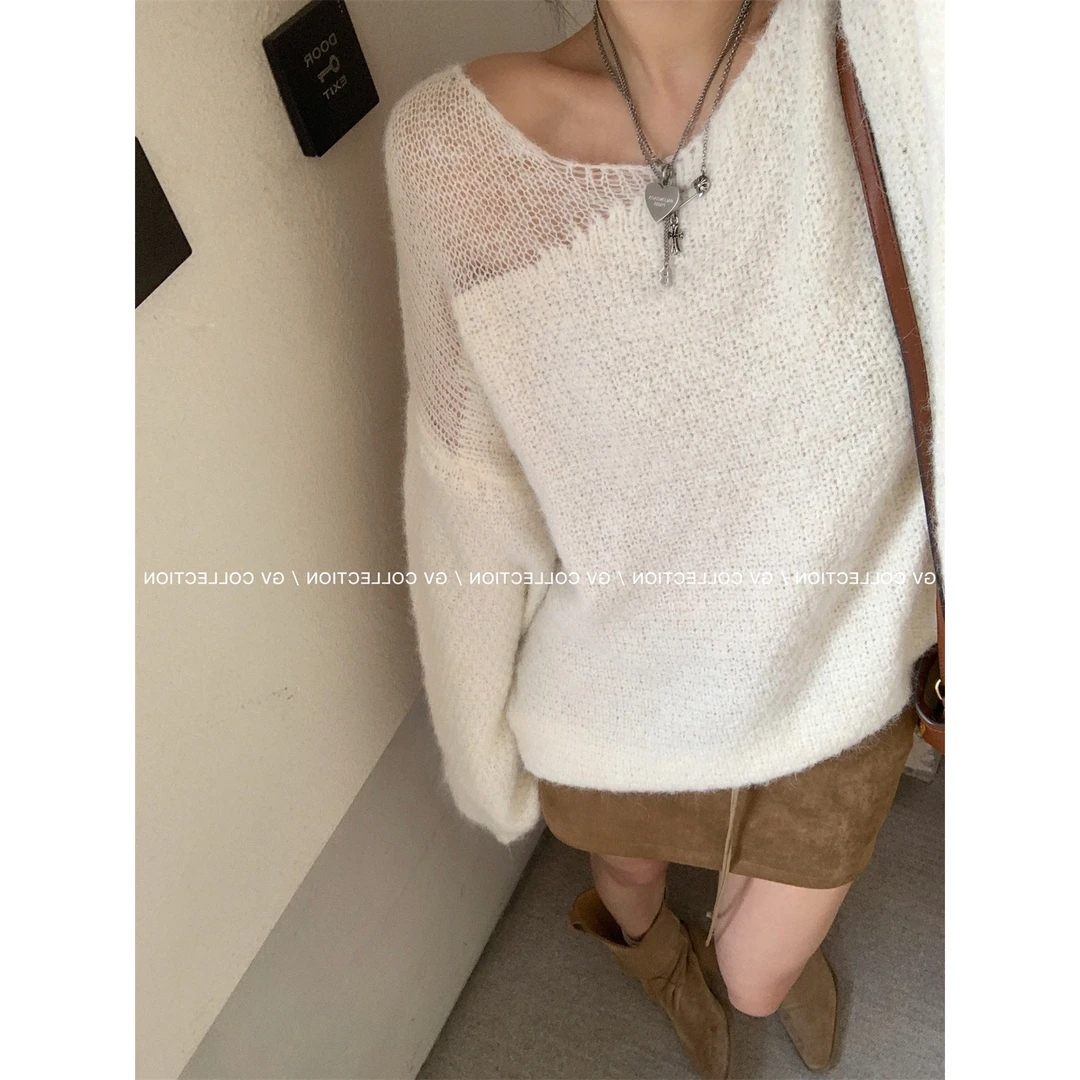 设计感不规则镂空宽松羊毛套头毛衣女2025秋冬新款慵懒高级感上衣