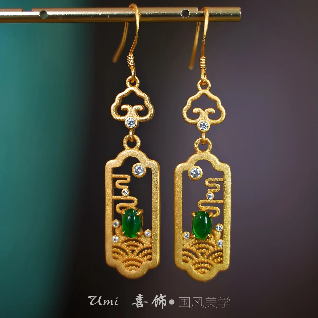 铜合金珐琅耳饰 新中式s925银勾耳环复古镂空耳饰配气质时尚旗袍