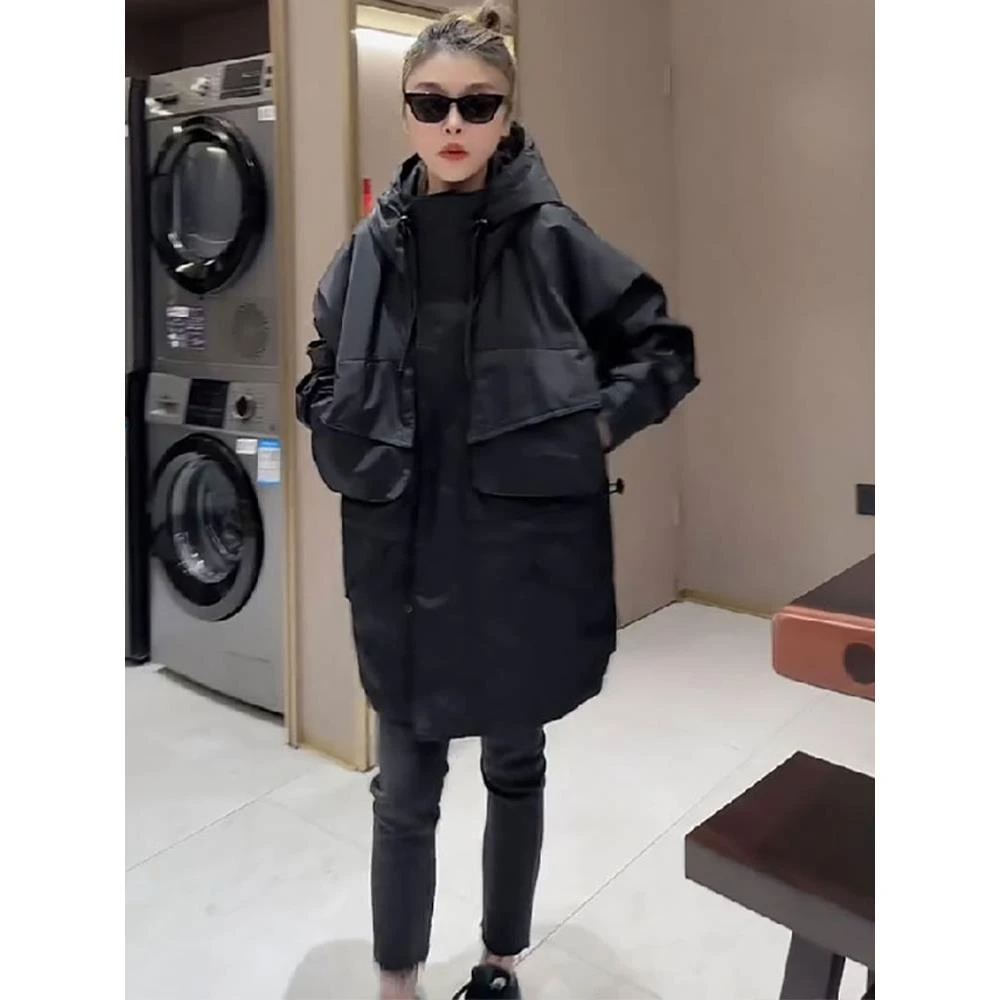 欧洲站连帽中长款夹冲锋衣女款2025秋冬款加厚保暖显瘦风衣外套