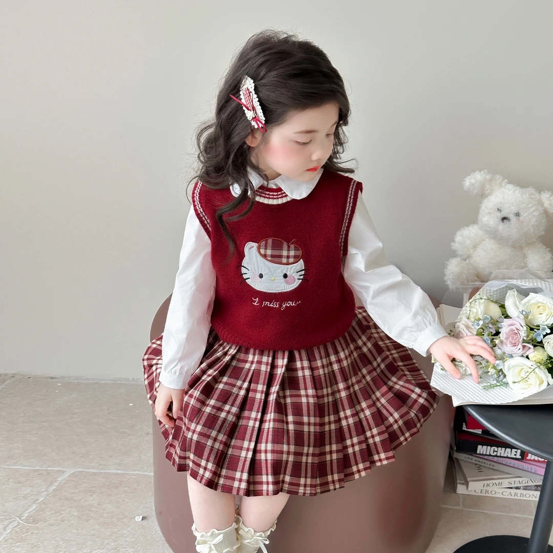 女童猫咪卡通背心套装秋季新款洋气时髦毛衣马甲衬衫百褶裙三件套