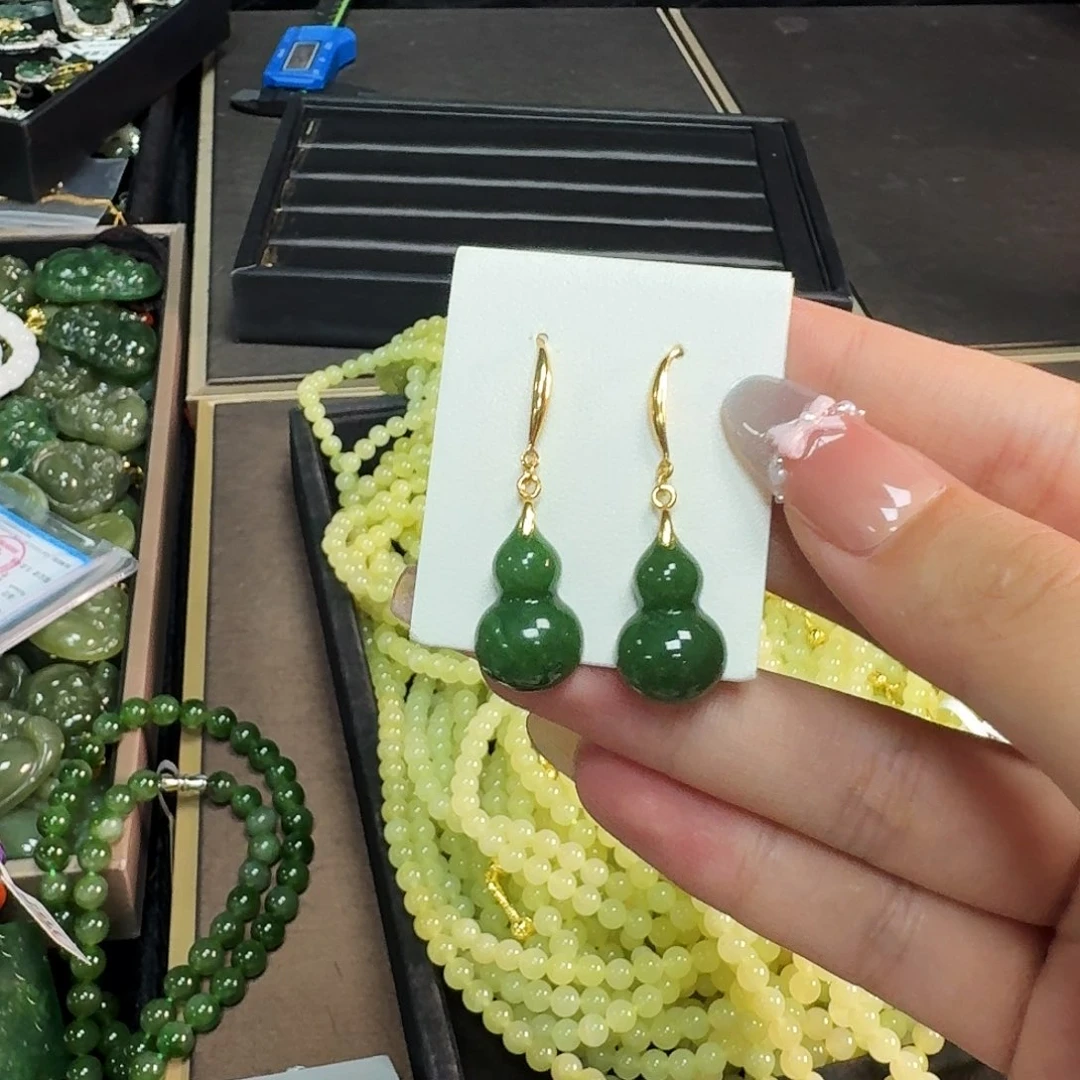 和田玉银S925镶嵌颈饰碧玉葫芦耳环