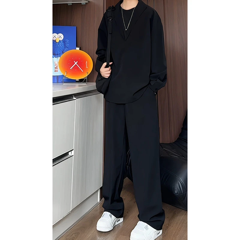 长袖长裤老钱风假两件V领套装男休闲宽松大码黑色垂感衬衫休闲裤