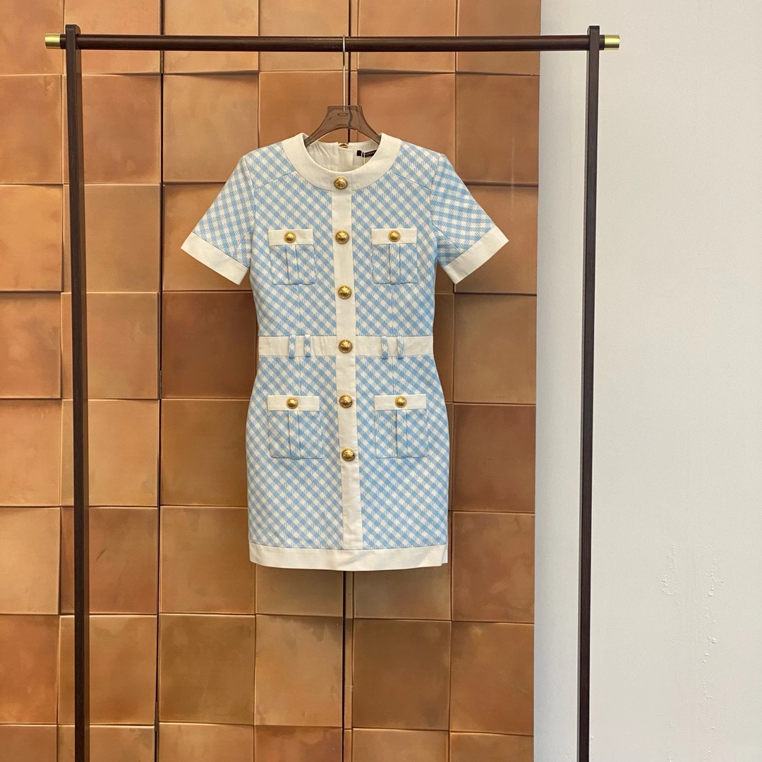99新 BALMAIN/巴尔曼 蓝白格纹四口袋金扣修身连衣裙/38码/29704