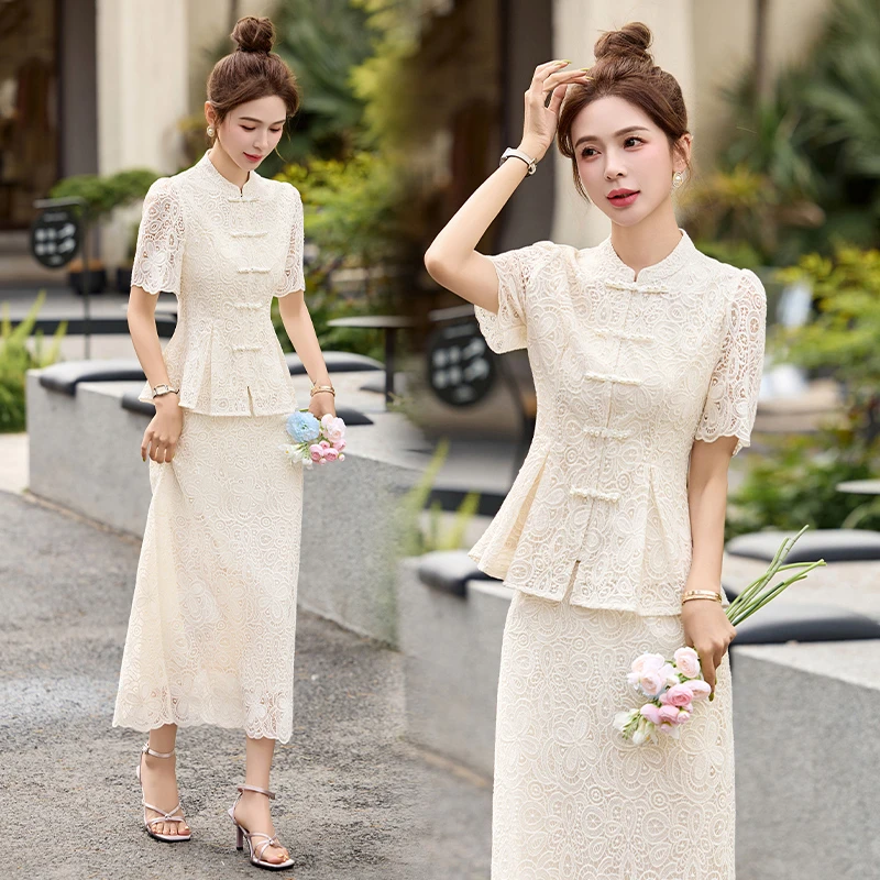 新中式国风蕾丝套装裙女2025夏季新款高级感复古盘扣半身裙两件套