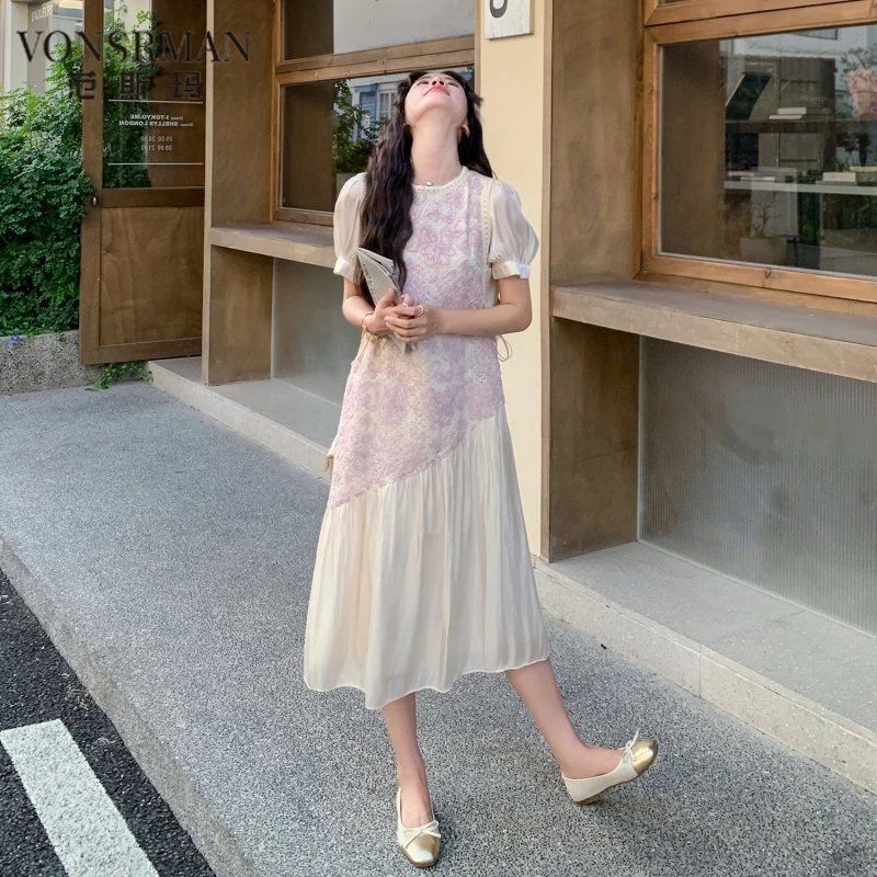 法式浪漫气质连衣裙女2025夏季新款慵懒风拼接蕾丝长裙休闲小众裙