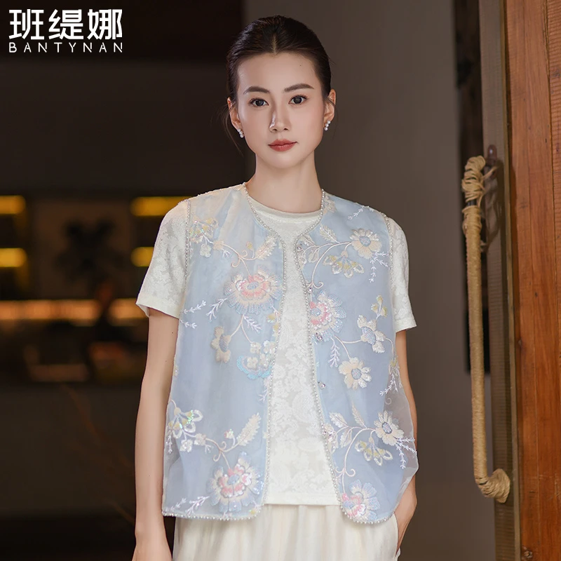 短款圆领复古刺绣单排扣宽松马甲气质马夹夏季休闲百搭中式文艺