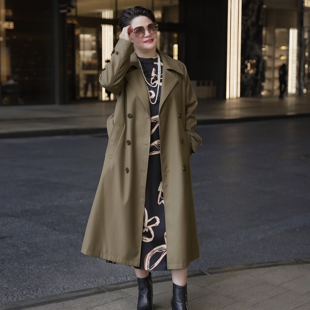 2025早秋新款法式时髦防风翻领经典双排扣长款风衣外套WT075