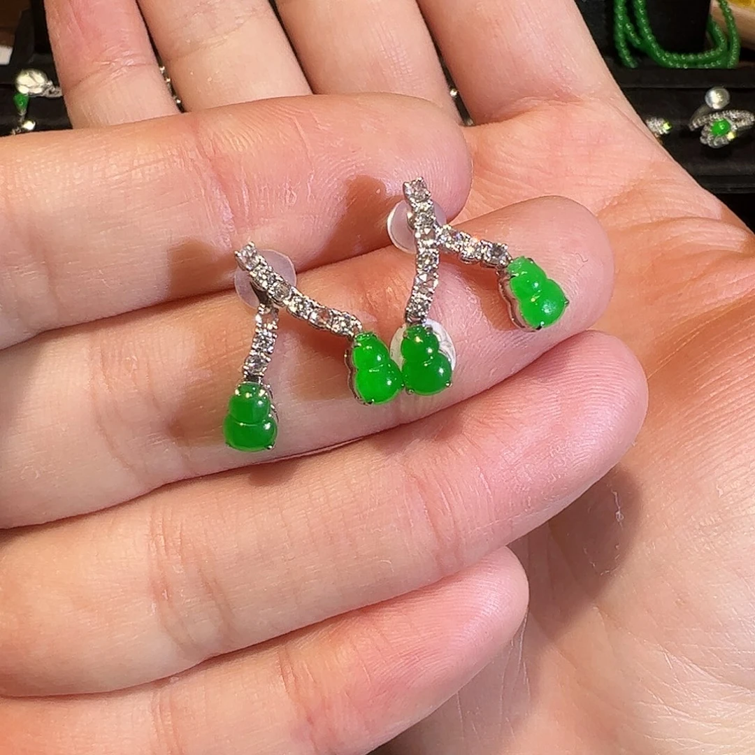 翡翠耳饰18K金镶嵌葫芦