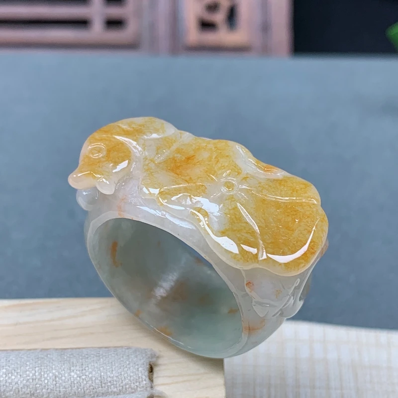 戒指内径20.2缅甸天然A货翡翠老坑冰种黄翡色莲莲有余扳指送礼