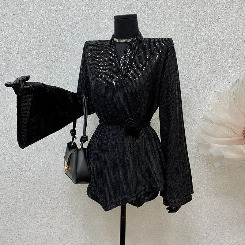 罗马女神黑色亮片无人区西装外套礼服-玫瑰