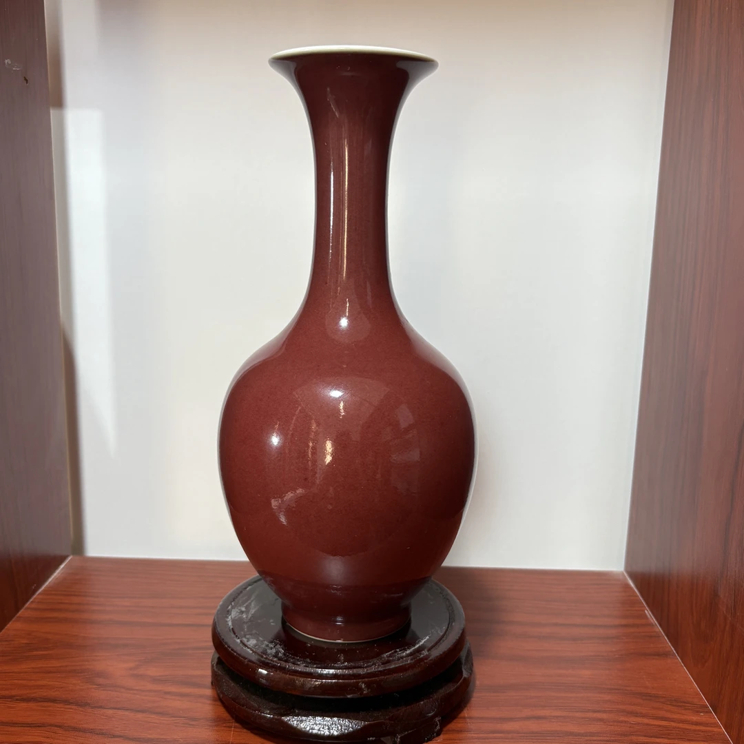 景德镇高温陶瓷，纯手工豇豆红柳叶瓶，高25肚径12