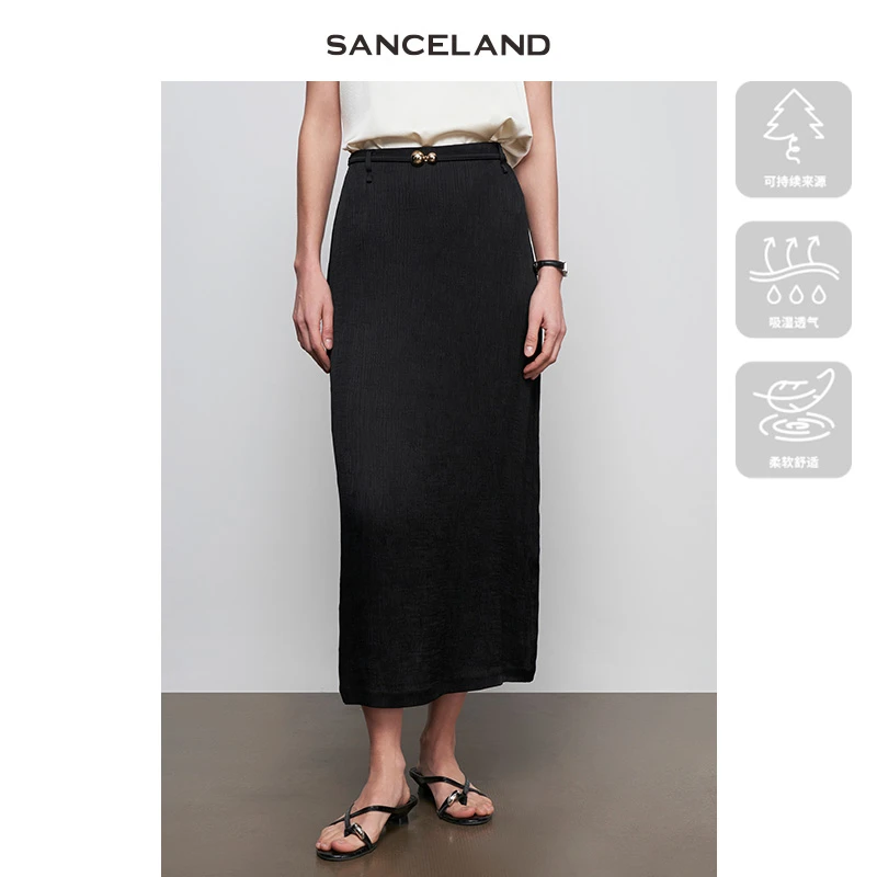 SANSELAND三石一澜夏新款醋酸肌理感黑色开衩直筒半裙SJ23103066