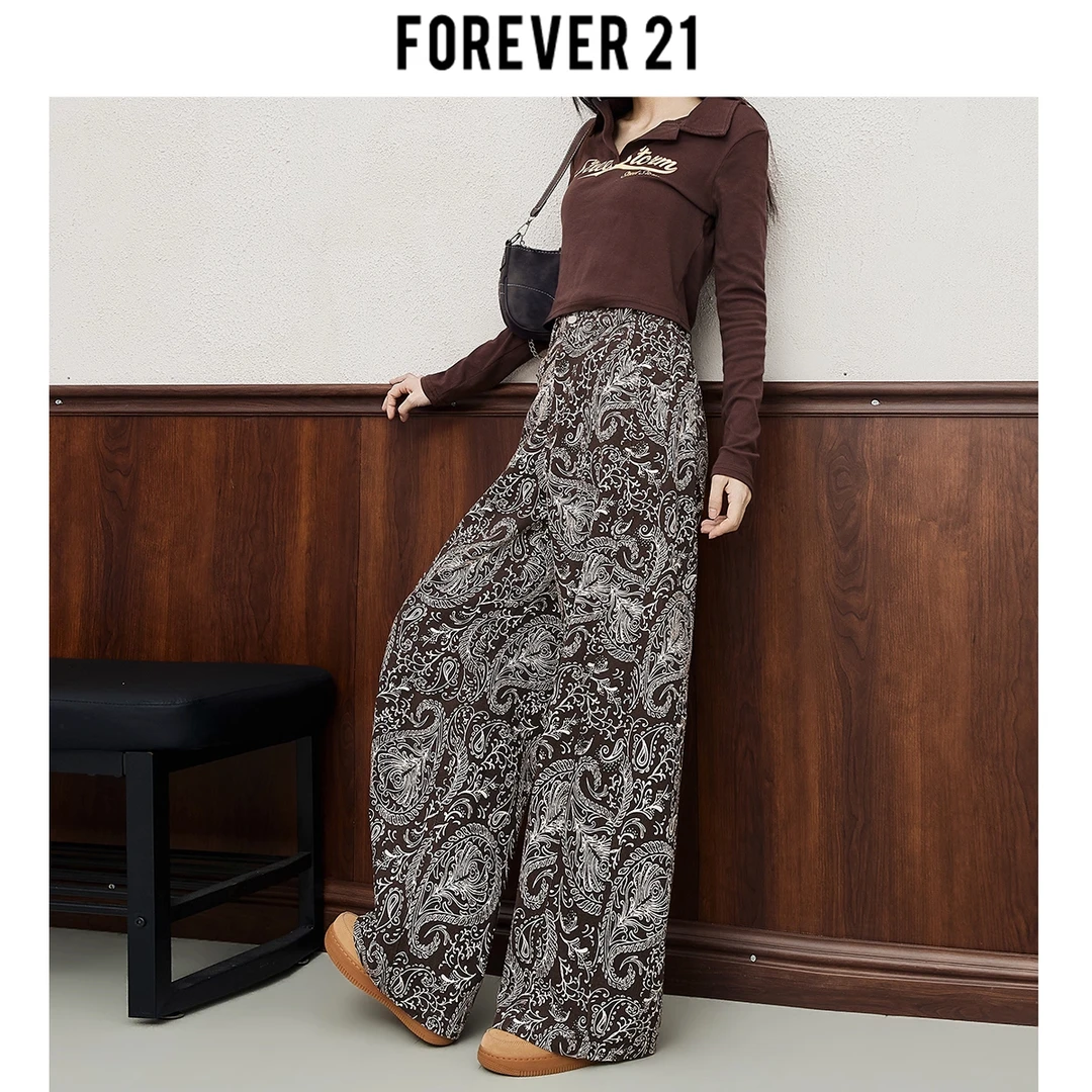 Forever 21美式咖色高腰休闲牛仔裤秋冬新款宽松显瘦阔腿裤女百搭