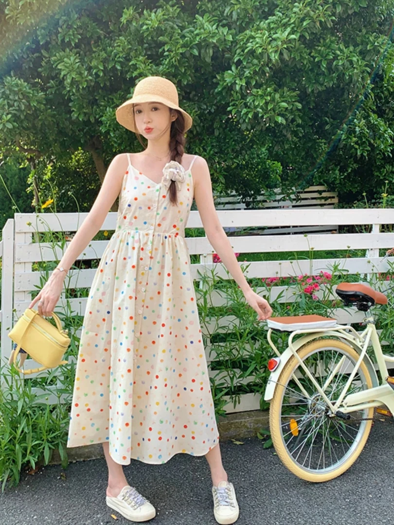 【0755】七#休闲百搭波点吊带连衣裙