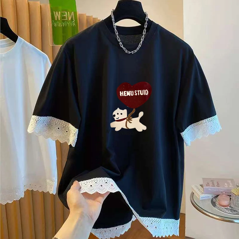 黑色磨毛圆领中长款蕾丝短袖t恤女时尚百搭宽松显瘦上衣2025新款