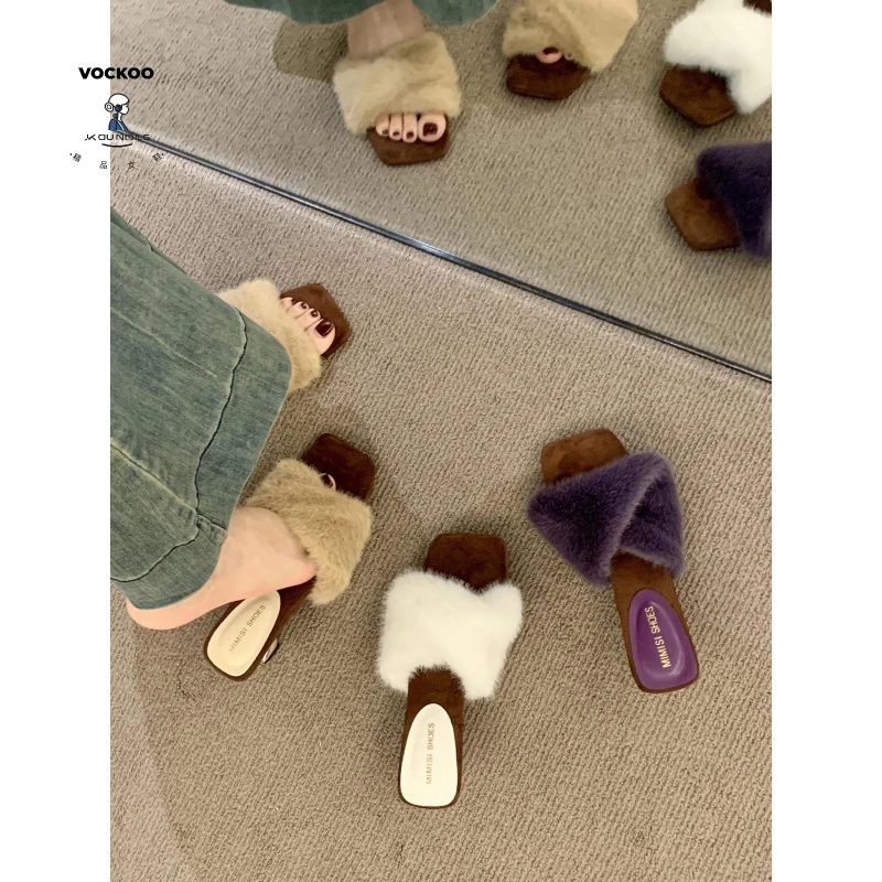 高跟鞋法式气质紫色毛毛鞋女鞋子外穿2025新款秋季一字毛绒棉拖鞋