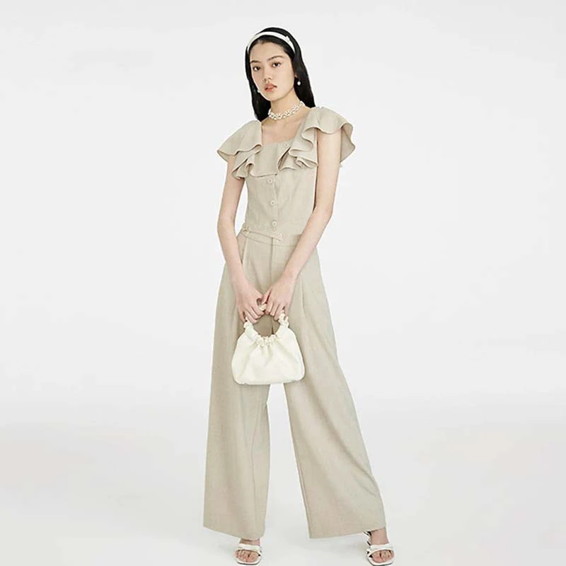 【两件套】2025夏季新款女神范荷叶边短上衣时尚阔腿长裤套装D2527