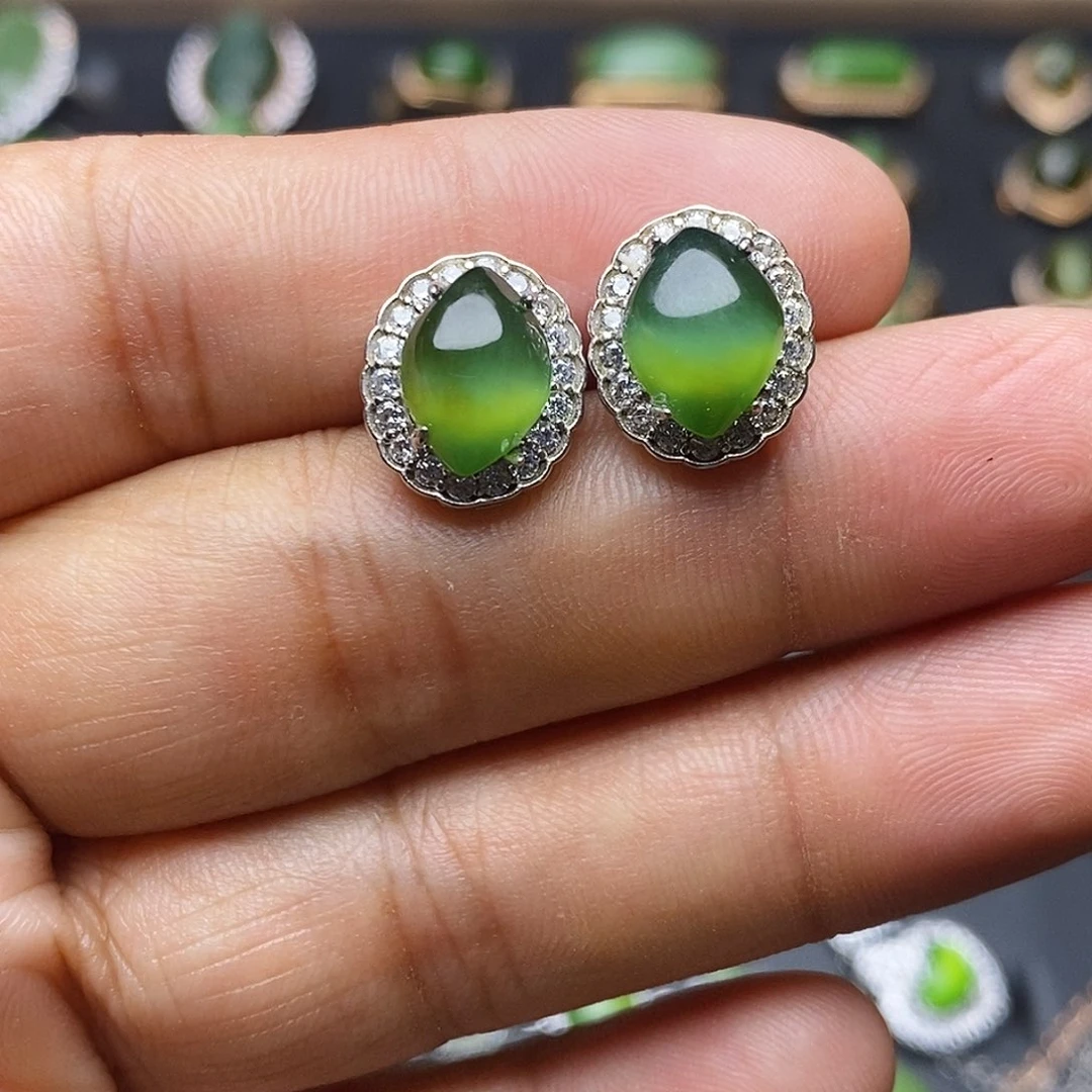 和田玉（碧玉）银S925镶嵌吊坠(不含链)耳饰