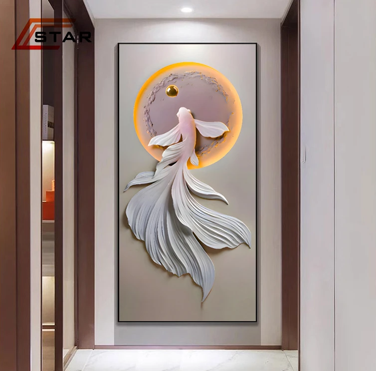 (全疆包邮)【星程】现代轻奢玄关过道晶瓷画鱼尾仿灯光鱼简约抽象画