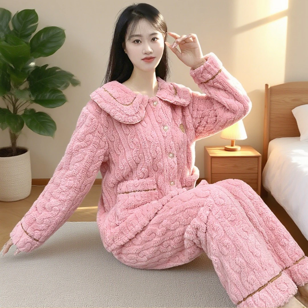 睡衣女法兰绒秋冬季2025新款加厚翻领开衫外穿冬天家居服套装Y91
