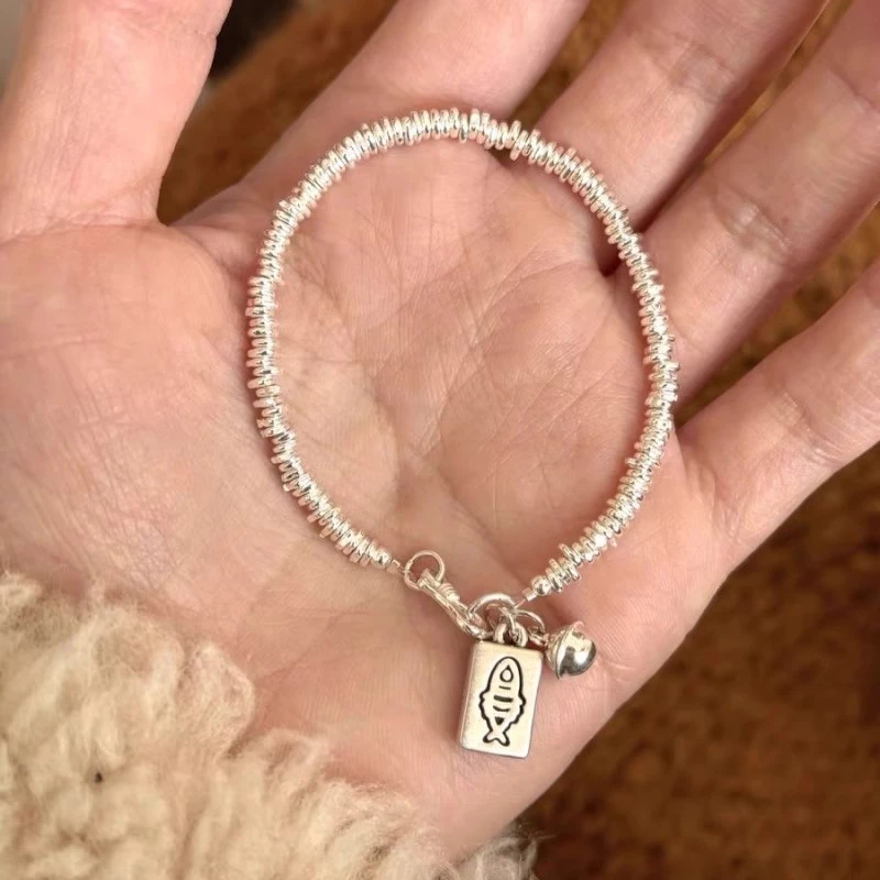 足银手链 999纯银做旧小鱼铃铛碎银子盘缠手链女轻奢小众手串