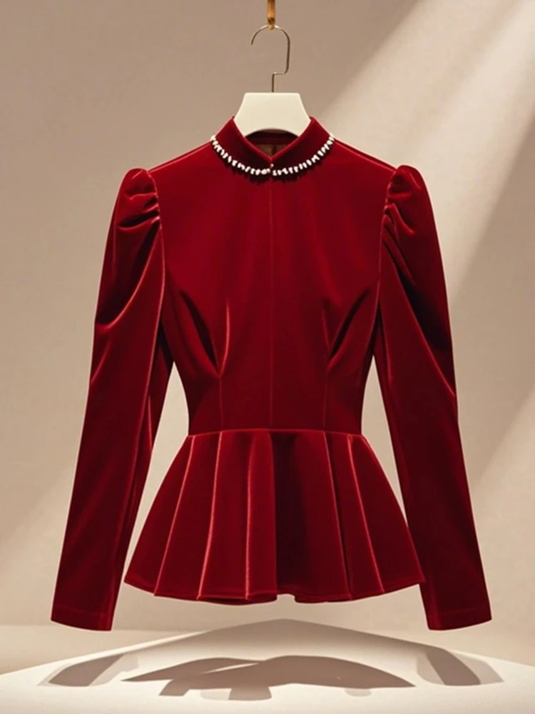 剪标折扣2024冬季新款复古设计感小众显瘦洋气休闲红色收腰上衣女