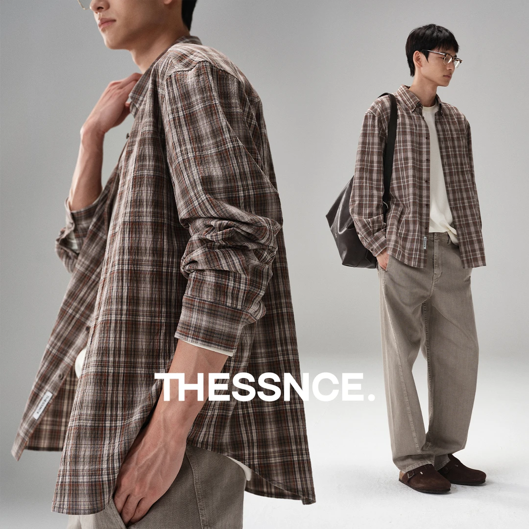 THESSNCE 松弛感复古色织格纹 泡泡格肌理翻领衬衫男秋