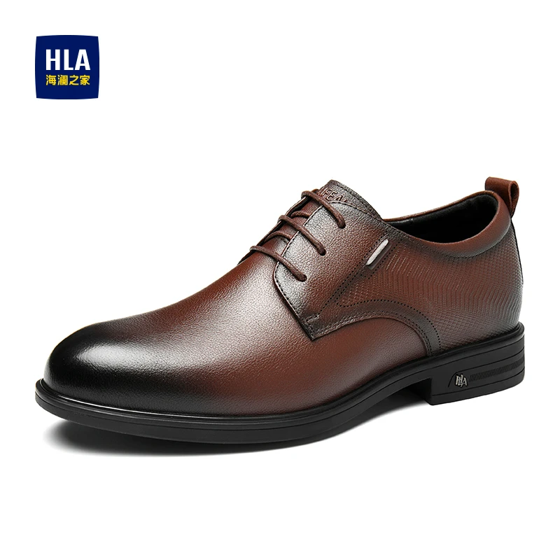 【内增高】海澜之家头层牛皮鞋男士夏季系带百搭黑色软底软面厚底鞋