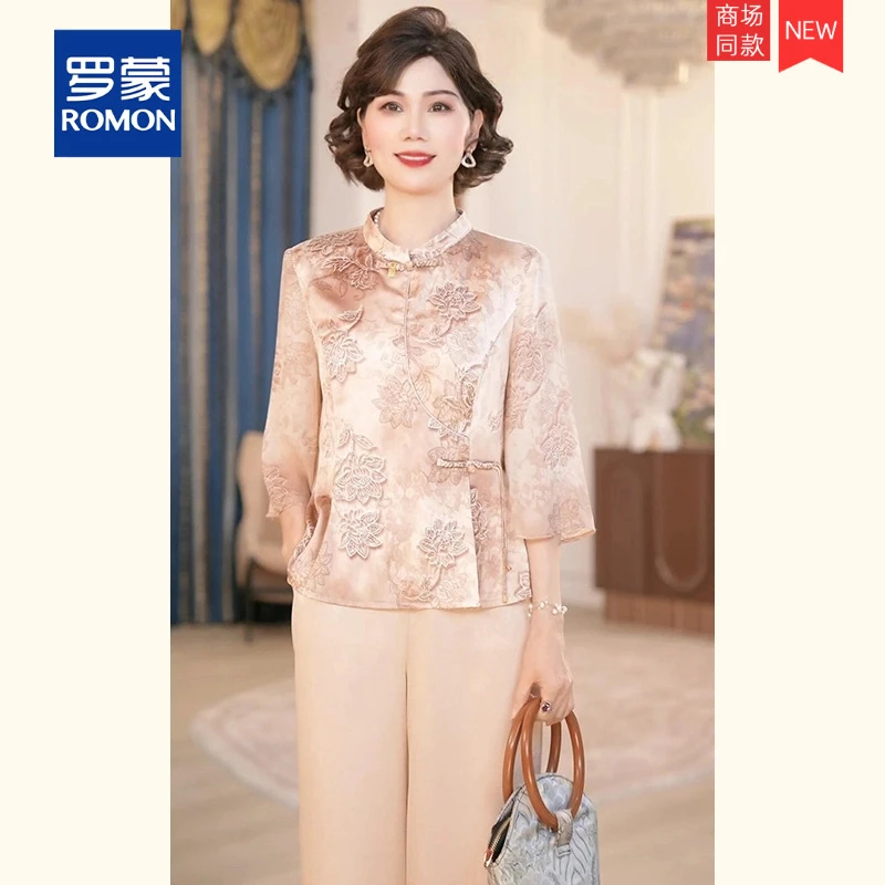 中年妈妈春装新中式国风套装新款洋气上衣服中老年女装两件套时尚