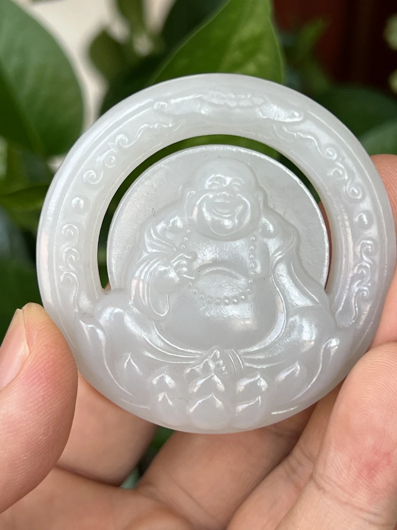 和田玉烟紫镯心料弥勒佛挂件
