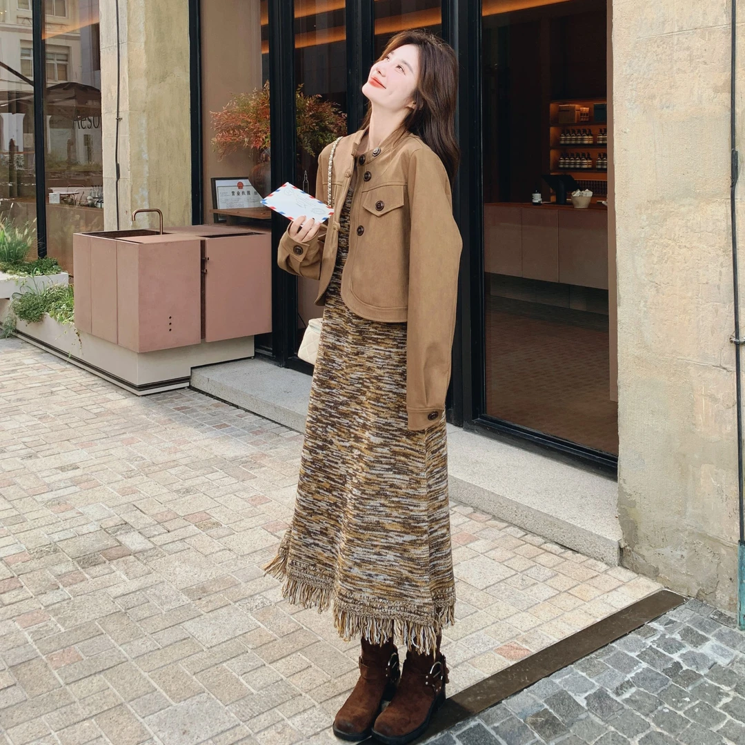 美拉德棕色皮衣外套吊带裙套装女2025新款秋季网红时尚洋气两件套