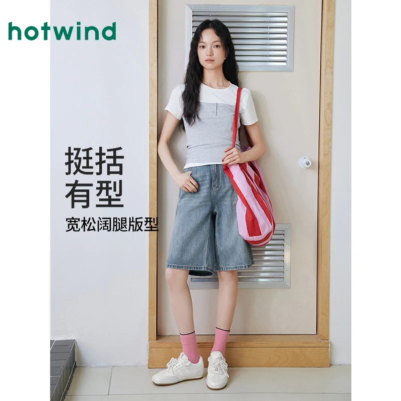 热风女士牛仔短裤2025年夏季新款高腰港风阔腿牛仔中裤复古五分裤