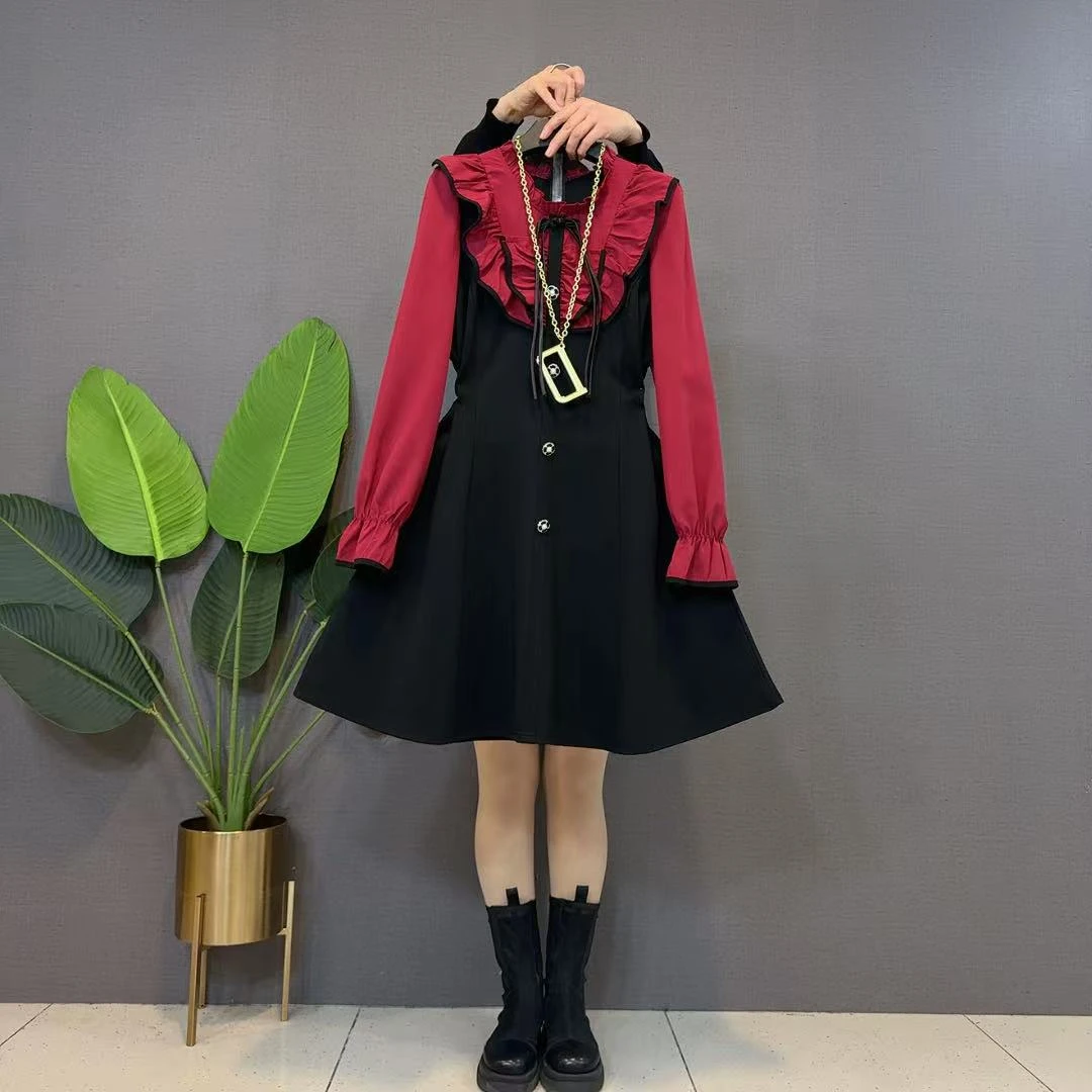 欧货连衣裙洋气甜美木耳边国风盘扣遮肉显瘦中长款A字女裙女裙潮