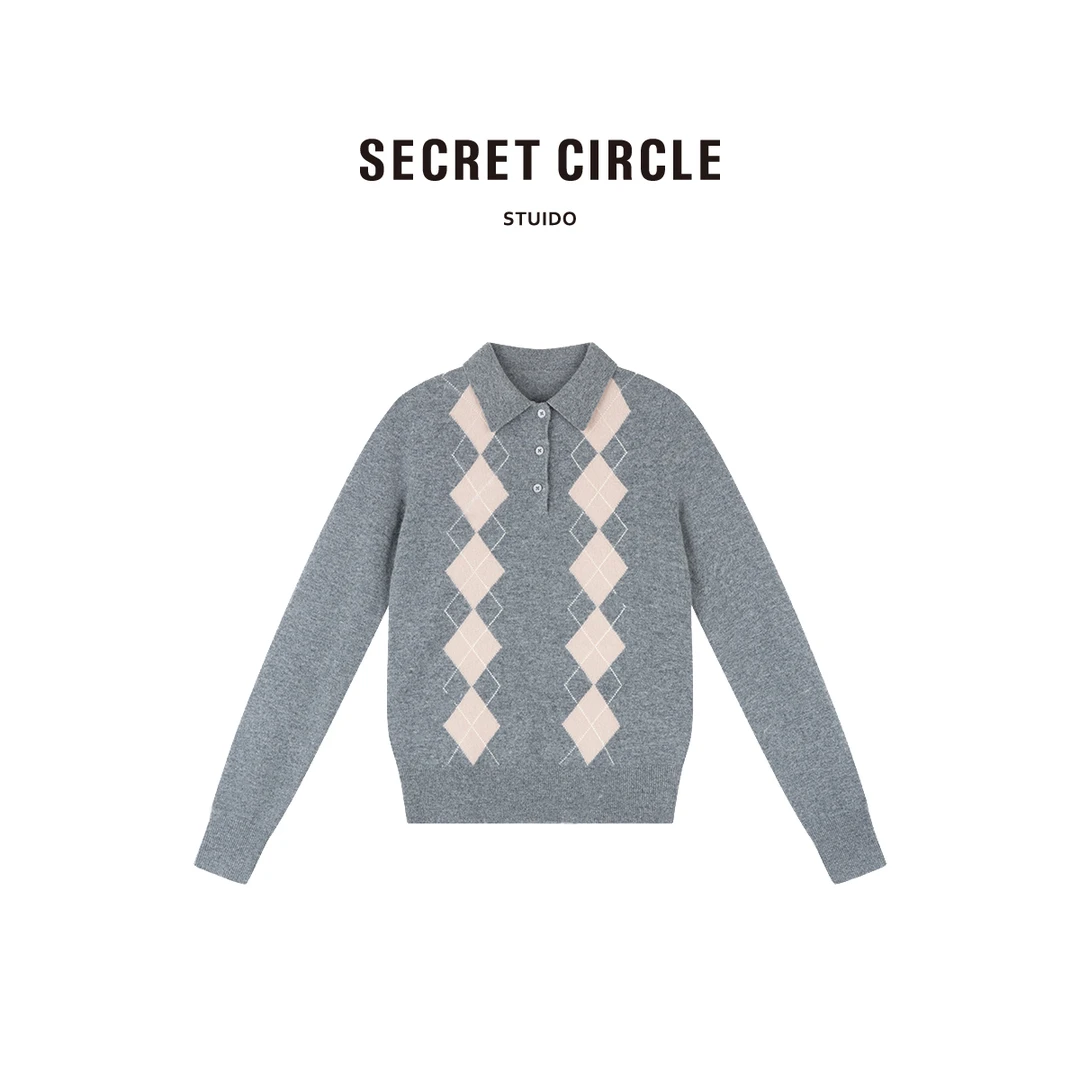 SECRET CIRCLE·秘社 100绵羊毛撞色菱格POLO领针织衫C1975