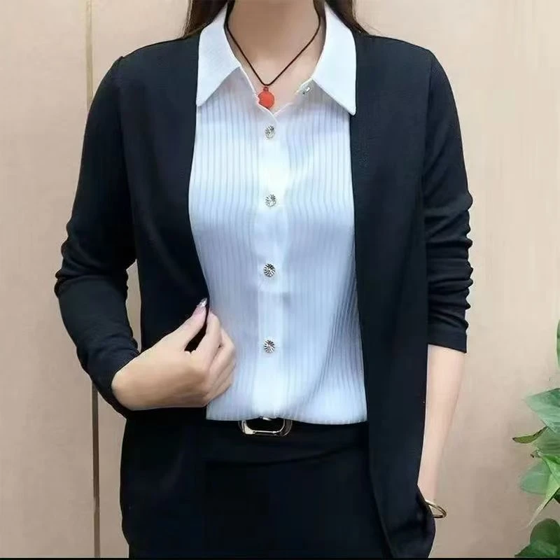 洋气假两件衬衫女2024春秋新款时尚中年妈妈高档拼接开衫打底上衣