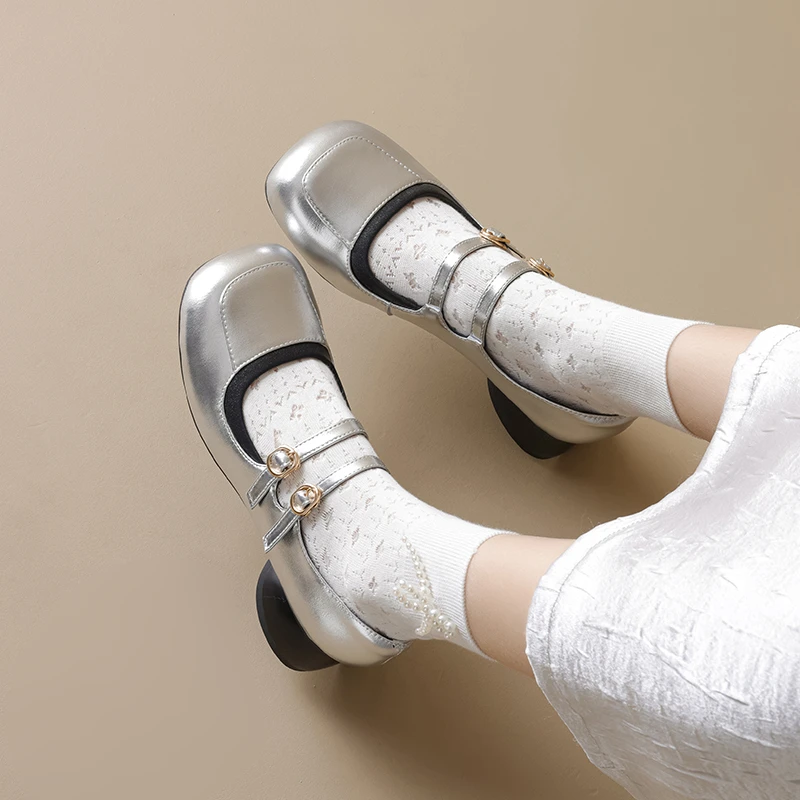 菓苒4cm粗跟中跟玛丽珍鞋日系复古方头春秋百搭银色单鞋法式真皮