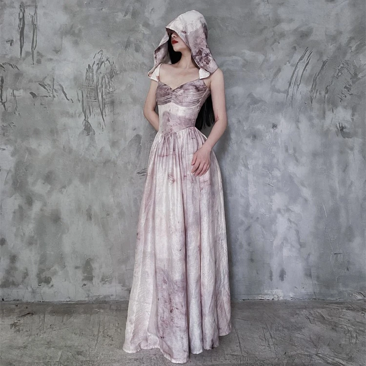 人间蜉蝣 花欲染兜帽植物扎染连衣裙可拆卸多穿法复古显瘦吊带裙