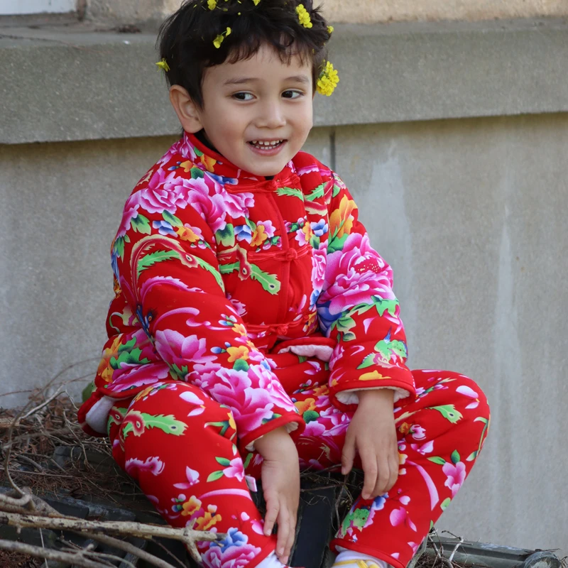 儿童大花棉服中国风冬棉裤套装民族风儿童过年花布棉衣宝宝拜年服